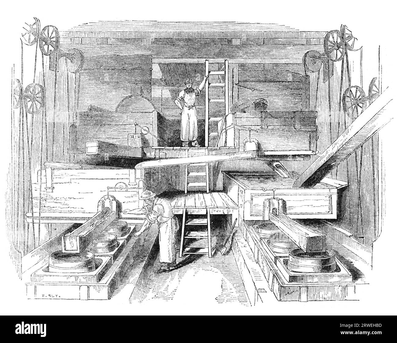 A Day at the Staffordshire potteries: Mill-Room, where the ingredients for pottery are mixed. Engraving from a british magazine printed in 1843 Stock Photo