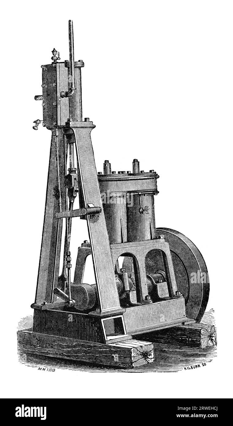 Tunneling the Hoosac tunnel: Air compressor used for powering the drills. Illustration from a magazine printed in 1870 Stock Photo