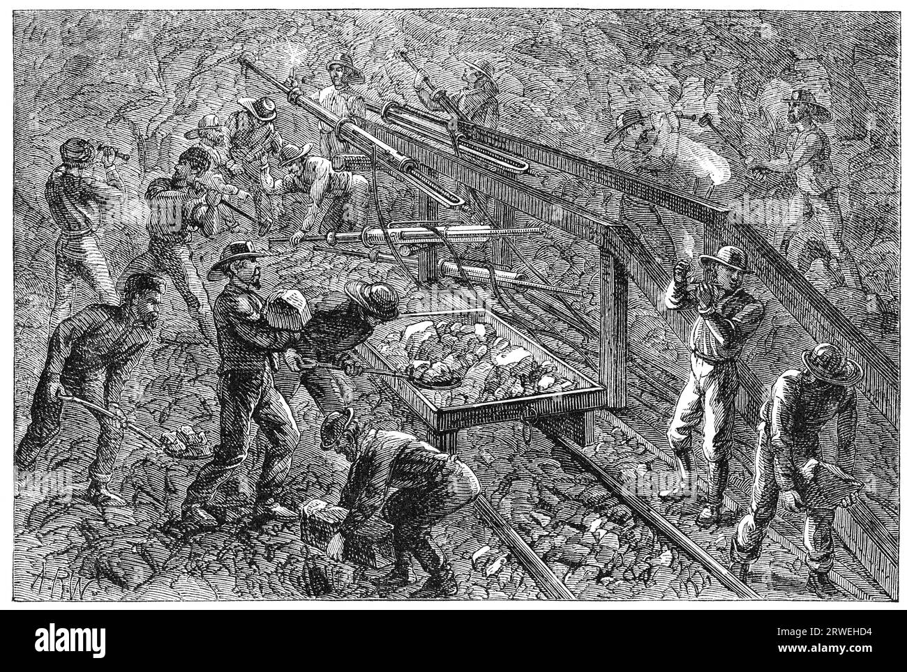 Tunneling the Hoosac tunnel work at the heading. Illustration from a