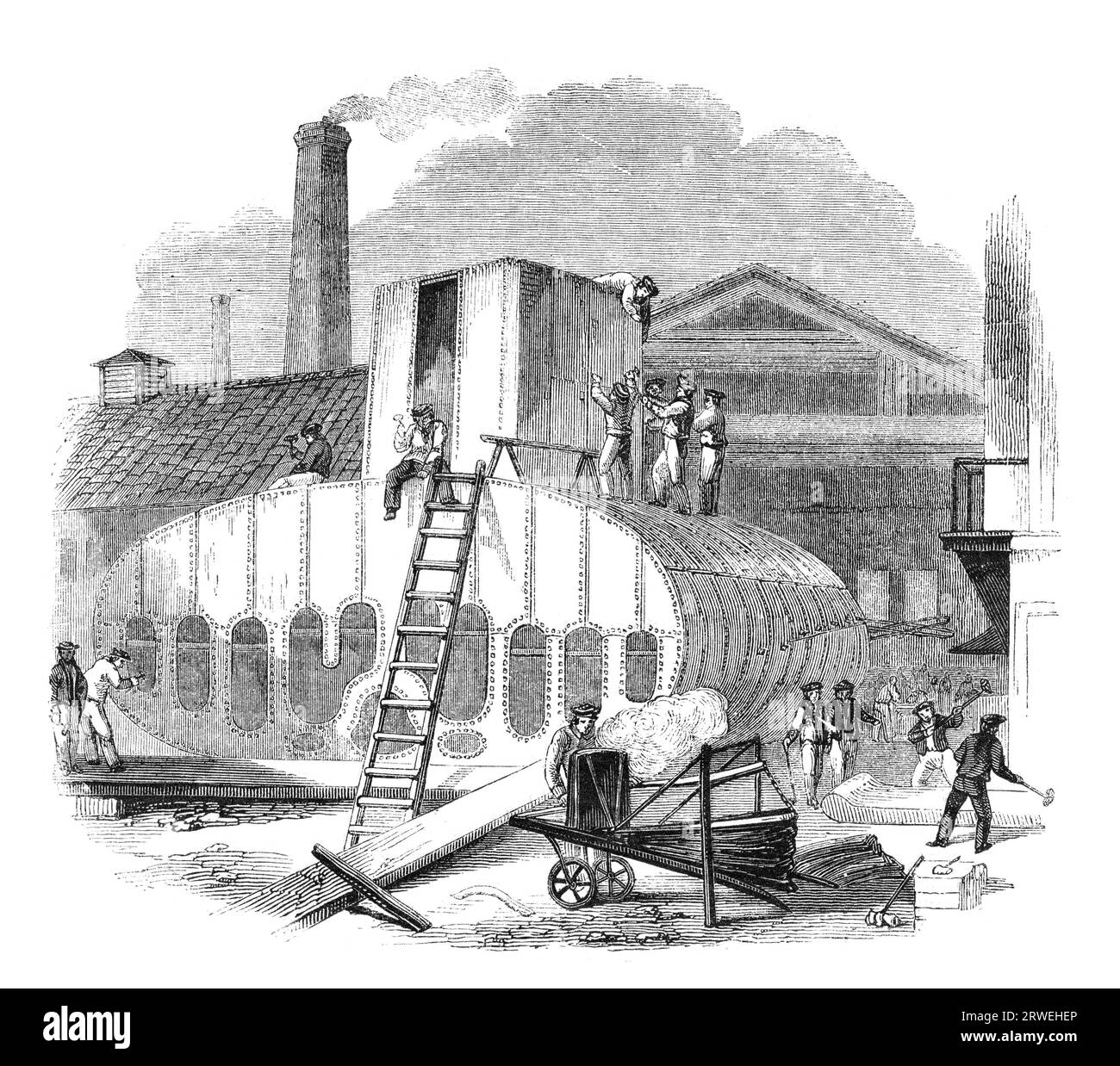 A Day at the Clyde Steam-boat works: Steam-boiler Making, Vulcan foundry. Engraving from a british magazine printed in 1843 Stock Photo