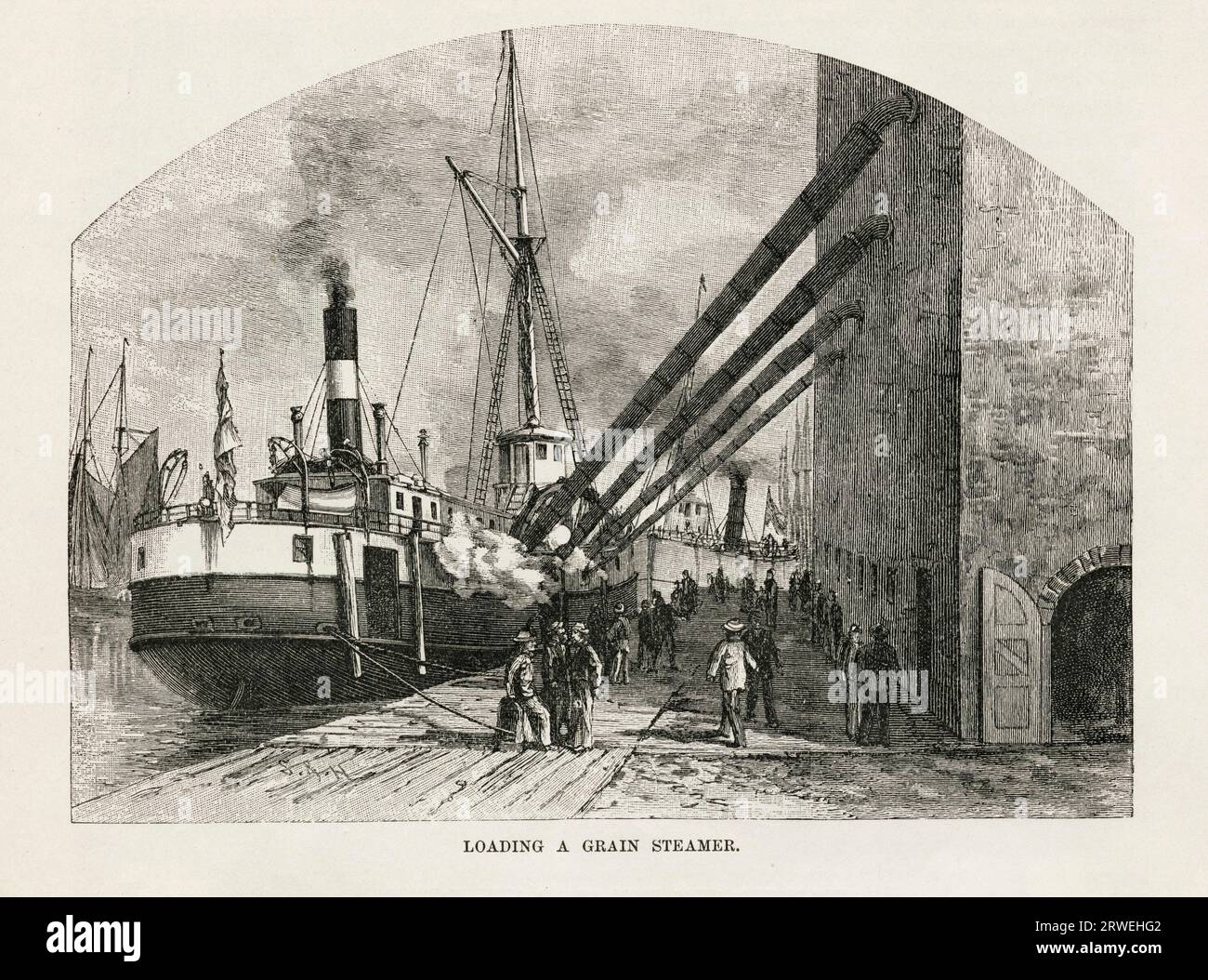 Loading a grain steamer. Milwaukee, Wisconsin. Originally published in April 1881 edition of Harpers New Monthly Magazine Stock Photo