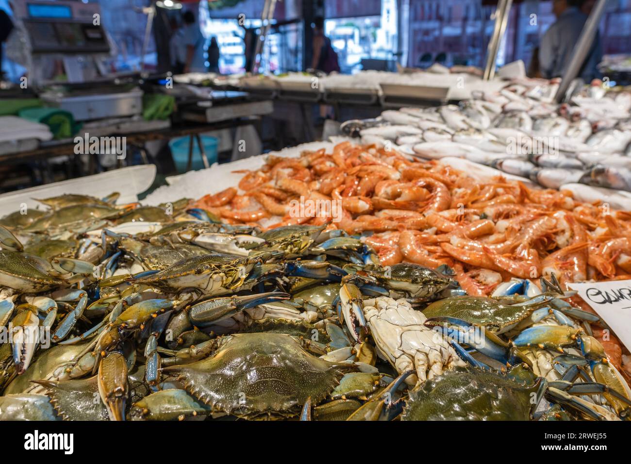 Crab shrimp and fish on market in Venice Italy Stock Photo