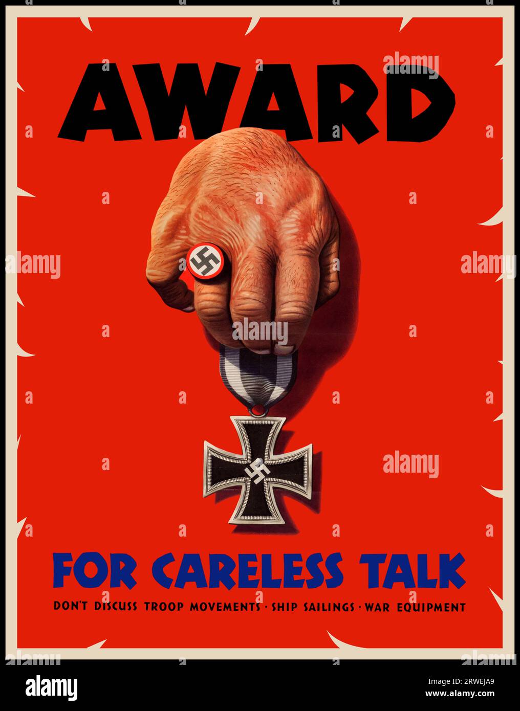 Anti-Nazi Propaganda Poster Award for careless talk - U.S. Government Printing Office, 1944. Stock Photo