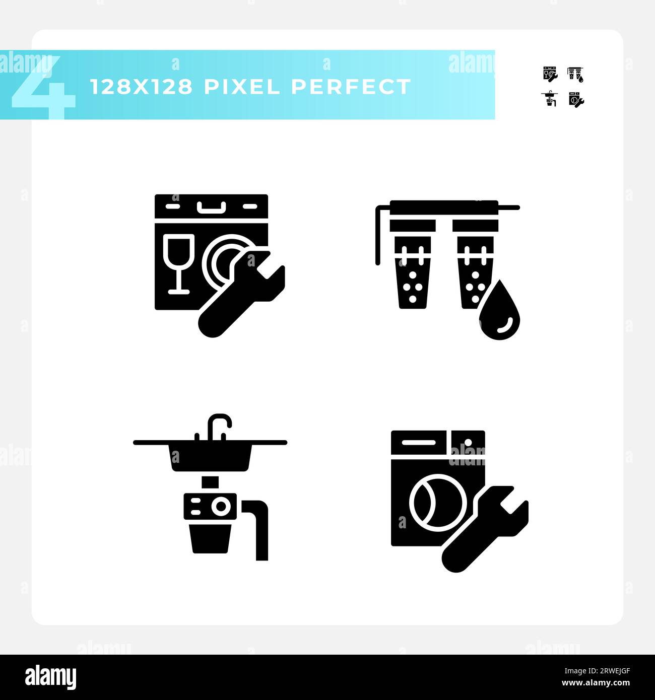 Pixel perfect glyph style plumbing solid icons set Stock Vector