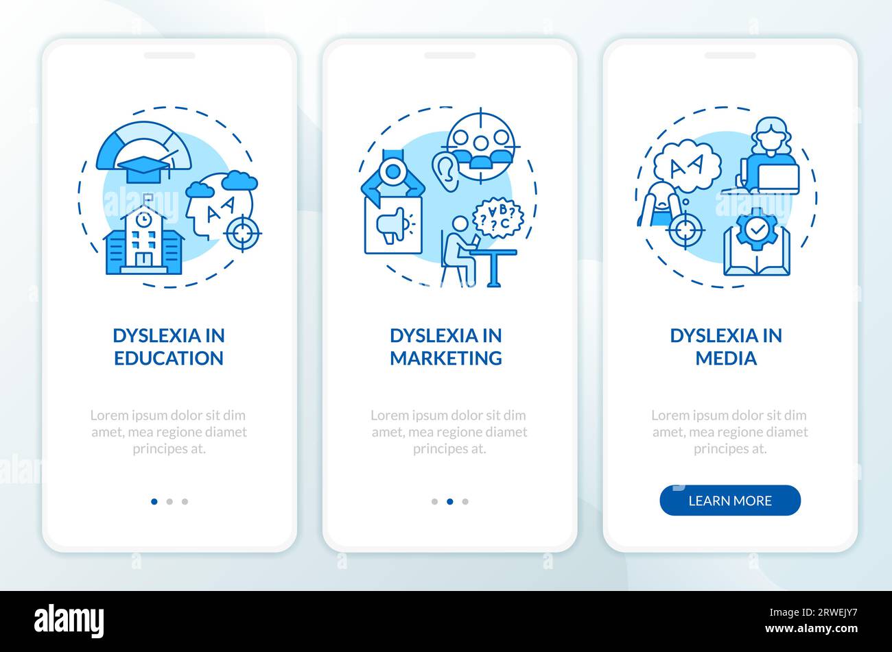 Walkthrough dyslexia with blue icons Stock Vector