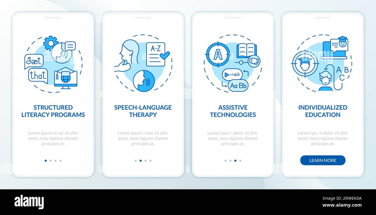 Walkthrough dyslexia with blue linear icons Stock Vector