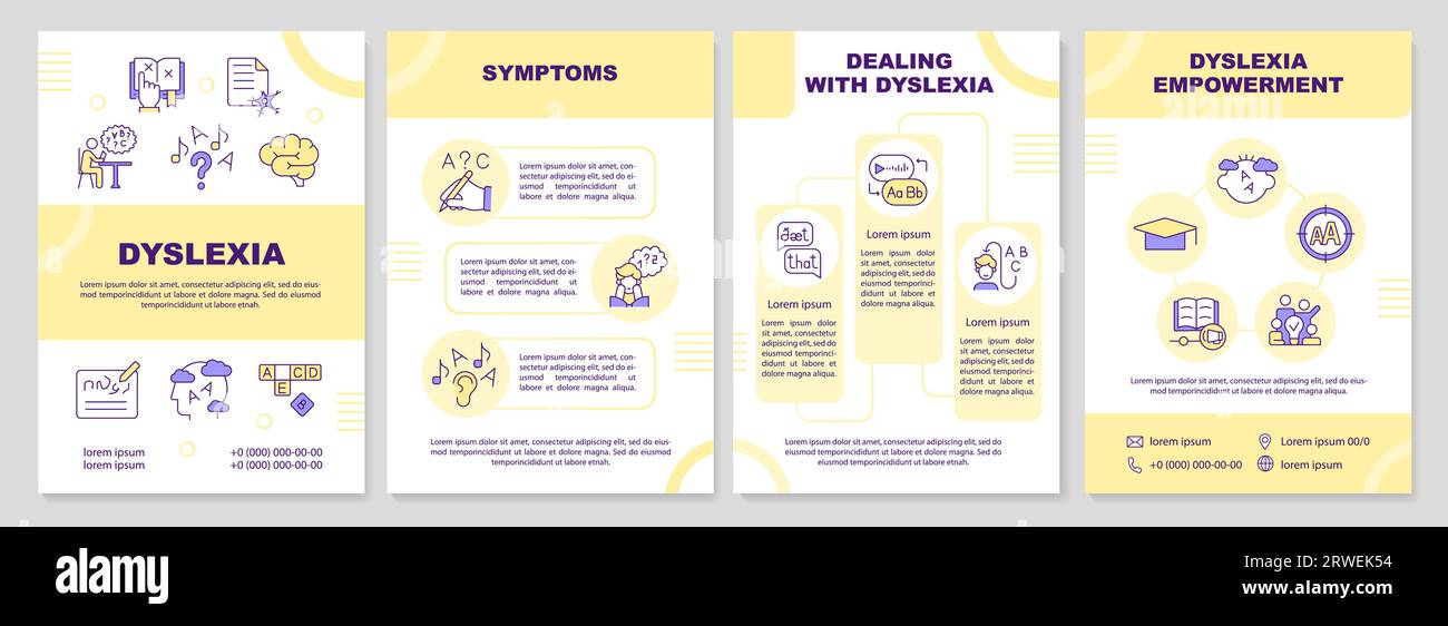 Brochure template with dyslexia thin line icons Stock Vector