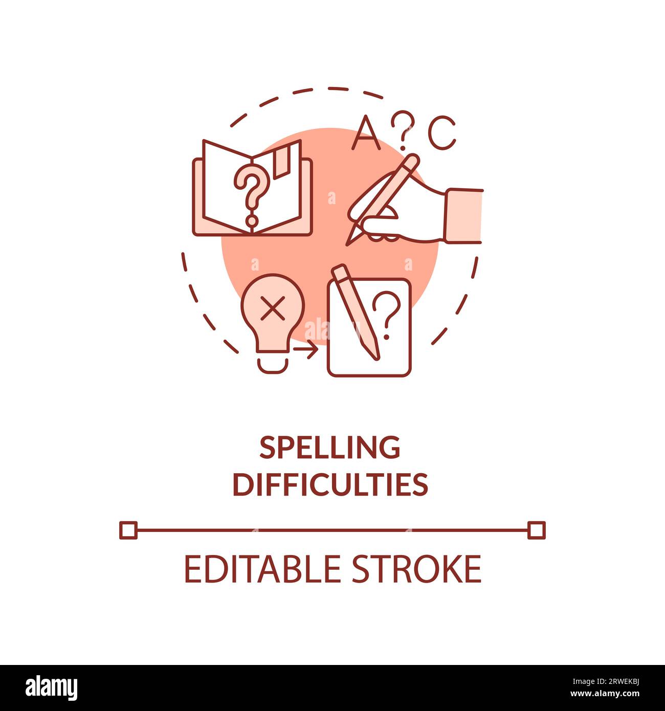 2D red line icon spelling difficulties concept Stock Vector