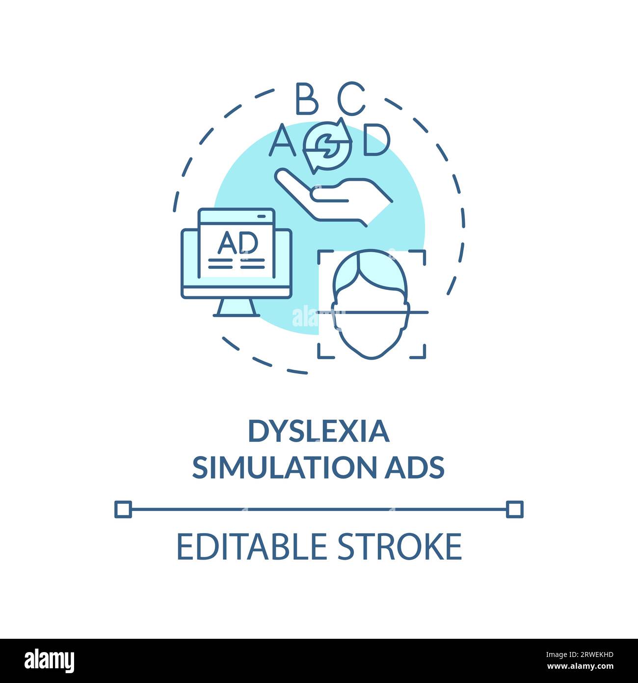 2D blue line icon dyslexia simulation ads concept Stock Vector