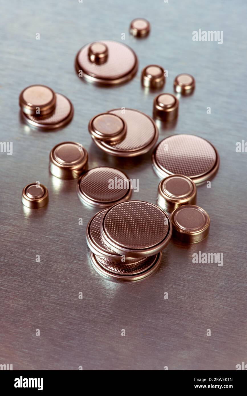 Set of button cell battery, power of electronics devices Stock Photo