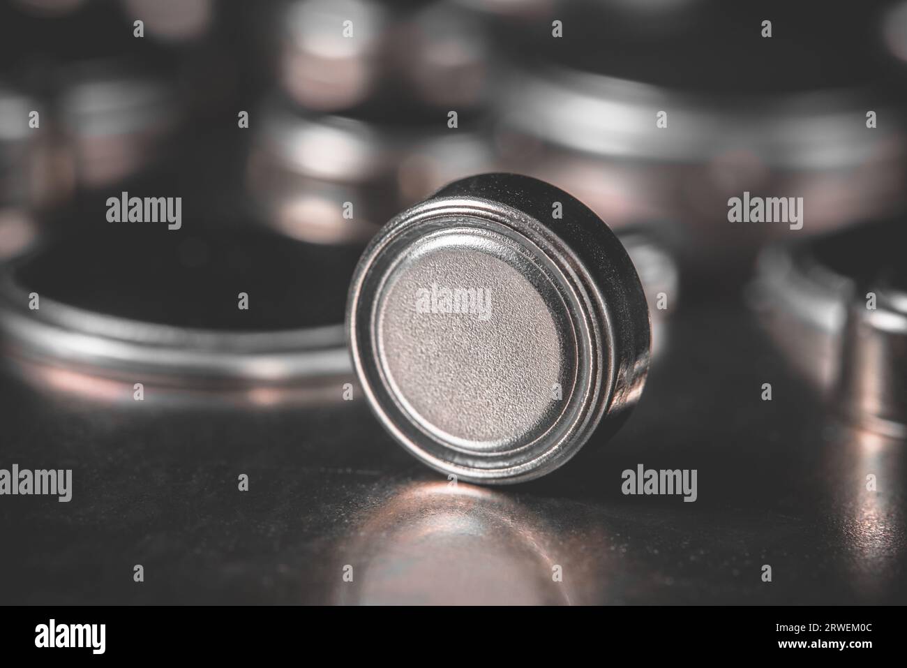 Macro view of button cell lithium battery Stock Photo