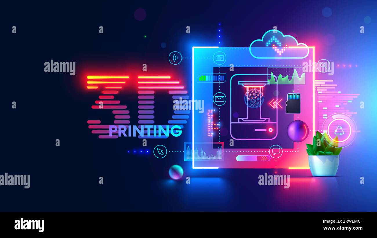 3d printing and additive technology banner. Icon 3d printer in tech neon frame in modern technology style. Additive technology conceptual banner. Home Stock Vector