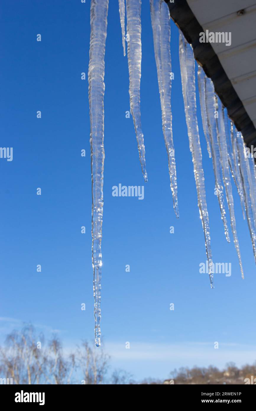 Icicles hang on the roof of a house against a bright blue sky. Spring landscape with icicles hanging from the roof of the house. Set of snow icicles, Stock Photo