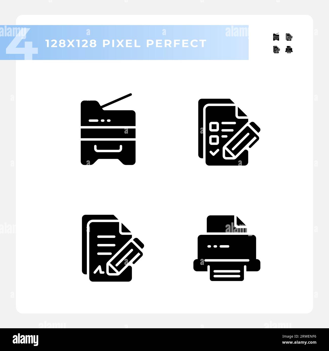 Pixel perfect glyph style document icons set Stock Vector