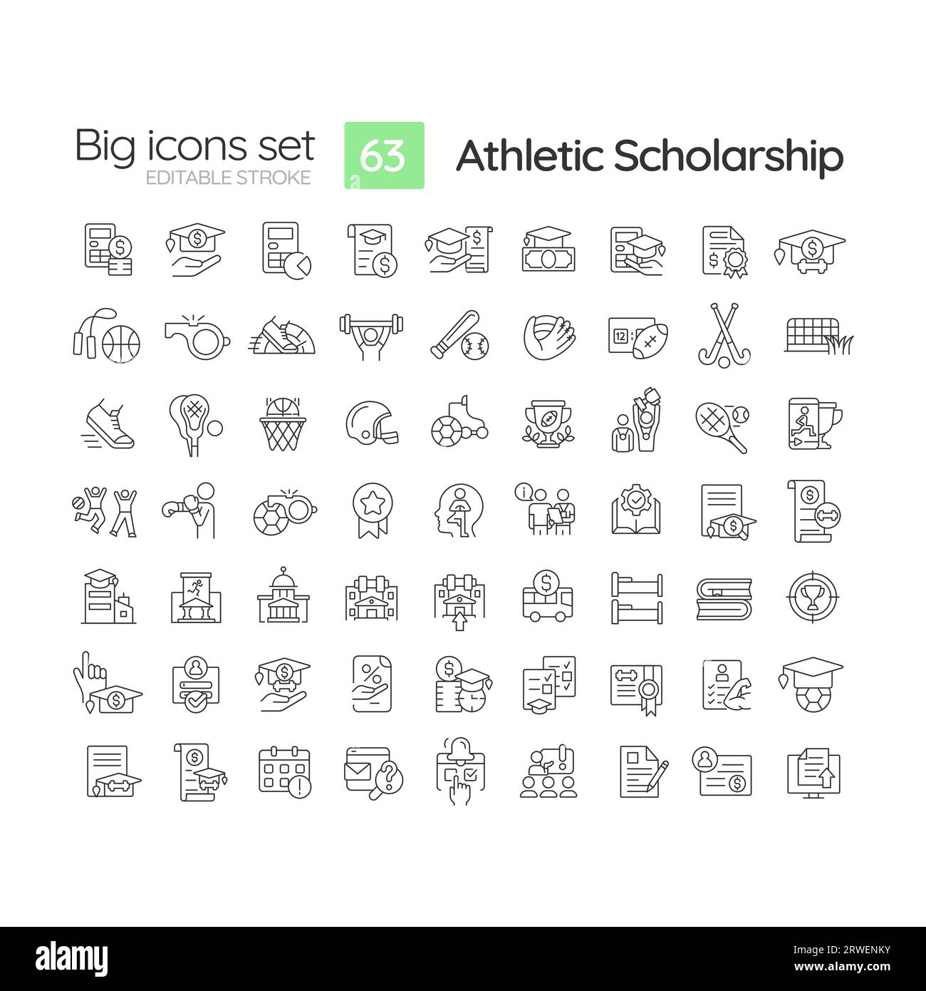 Editable black big icon set for athletic scholarship Stock Vector