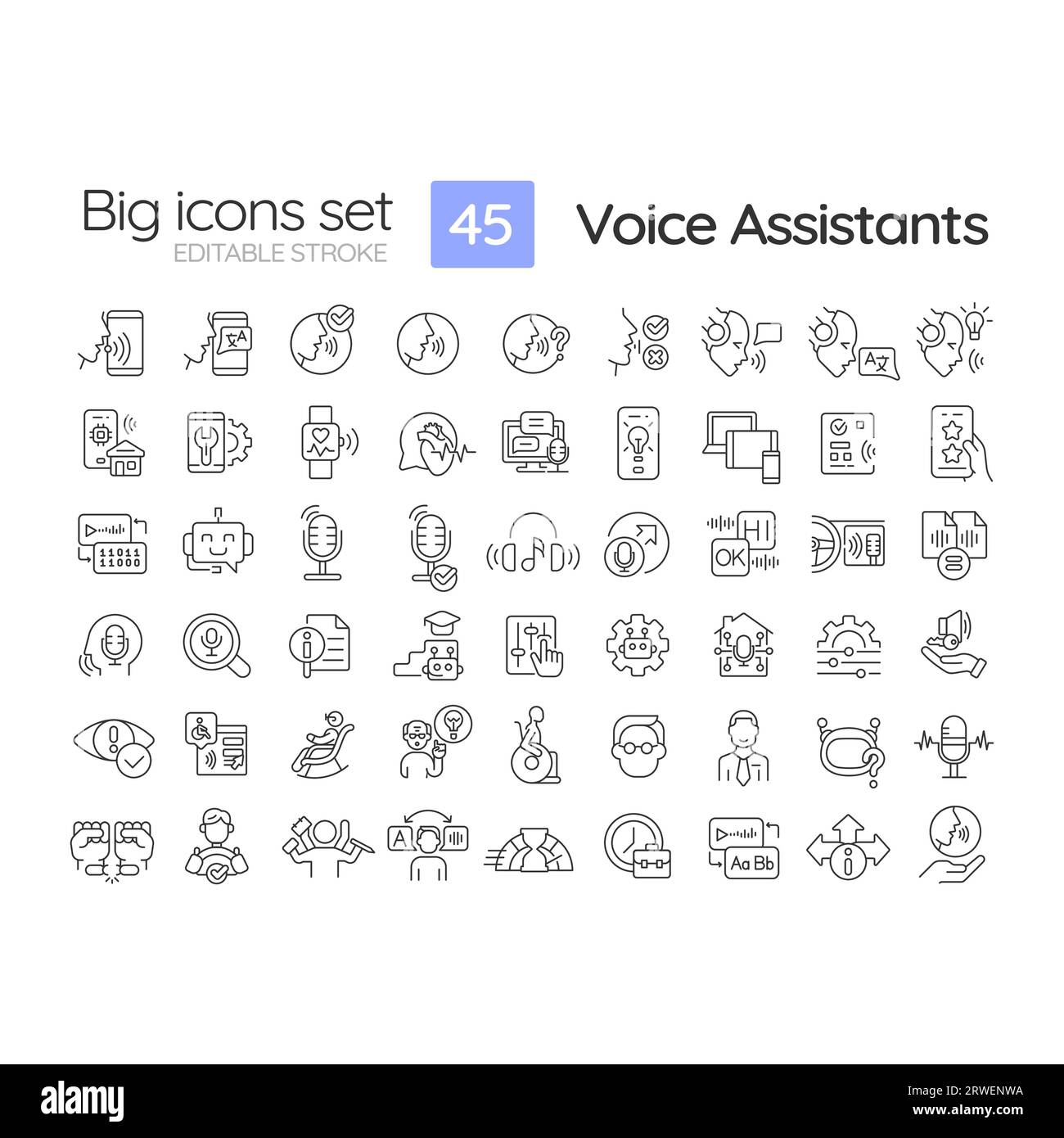 Editable black thin line big icon set for voice assistant Stock Vector