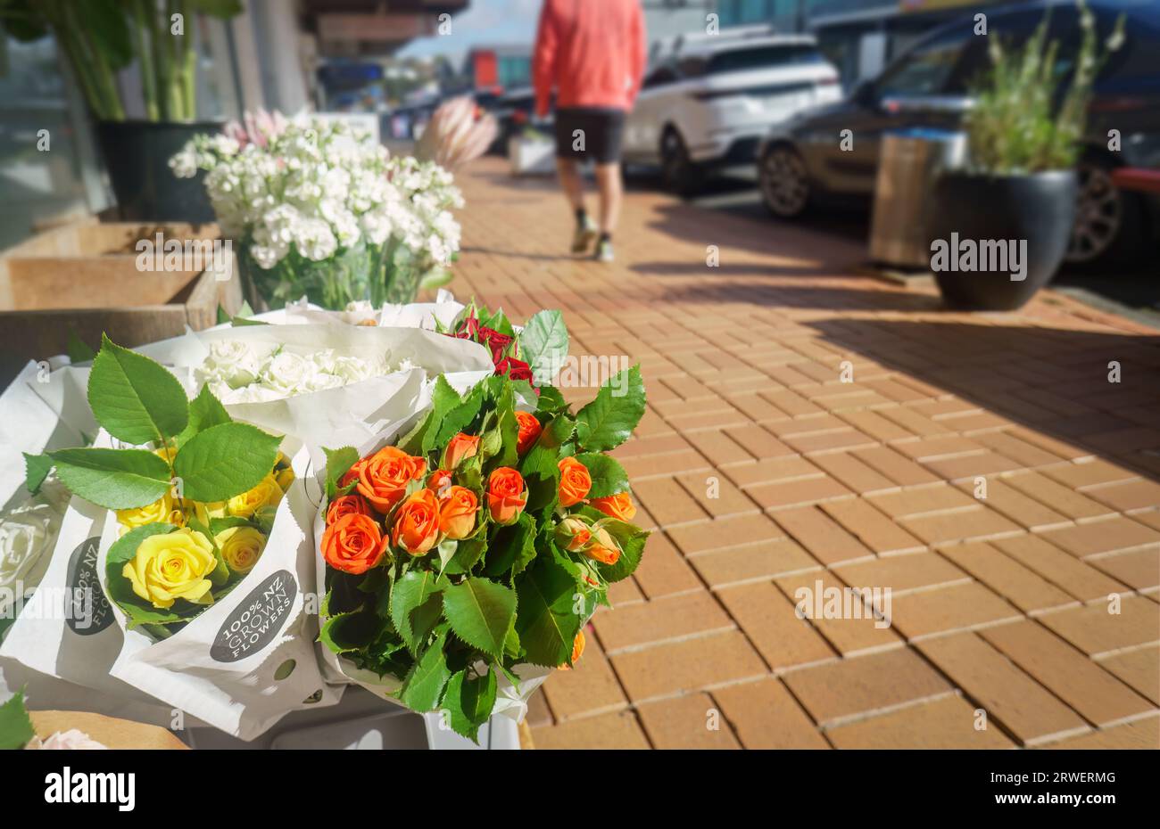 Beautiful flowers on display outside the flower shop. “100 NZ Grown