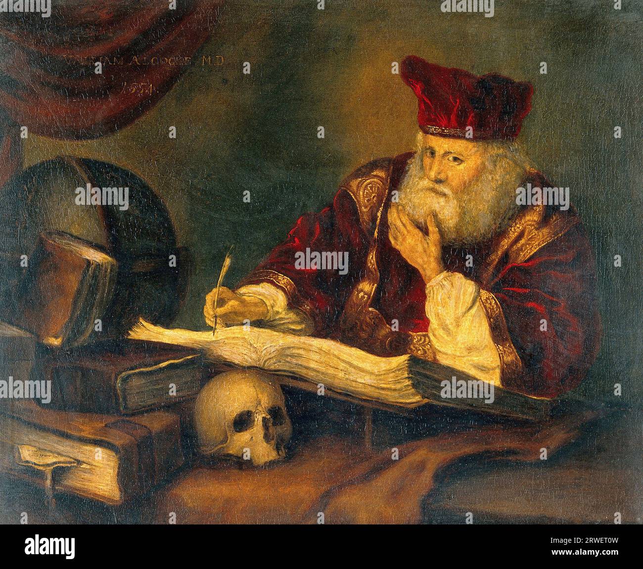 Doctor in his office with textbooks and a skull. A man who is Nicholas Alcocke, the personal physician of King Edward VI, Historical, digitally restored reproduction of an original of the time. Stock Photo