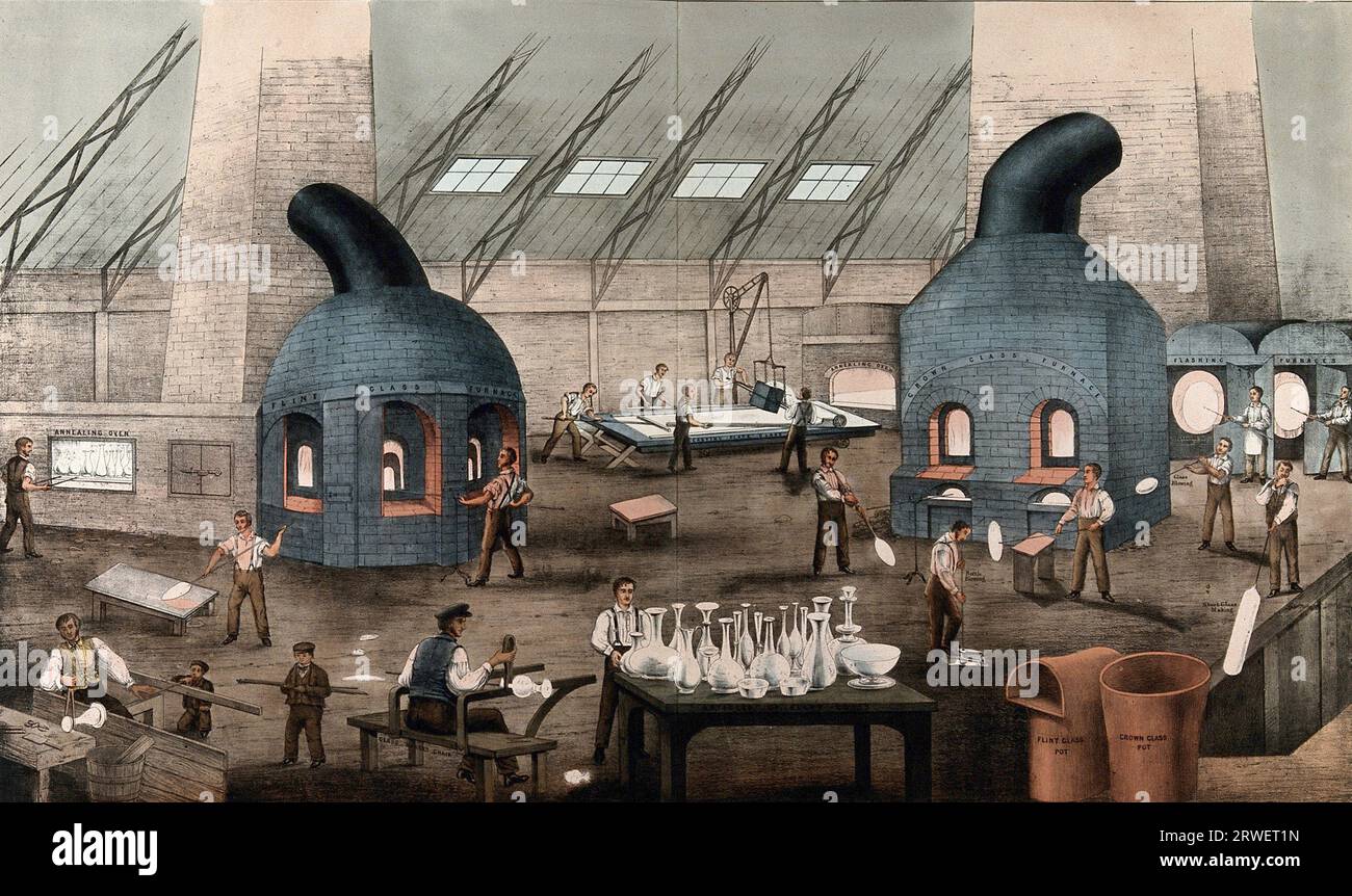 Glass making, the British flat glass factory, the manufacture of flat glass in Britain began in 1773 at this factory in Ravenhead, St Helens, England, Historic, digitally restored reproduction of an original of the time. Stock Photo