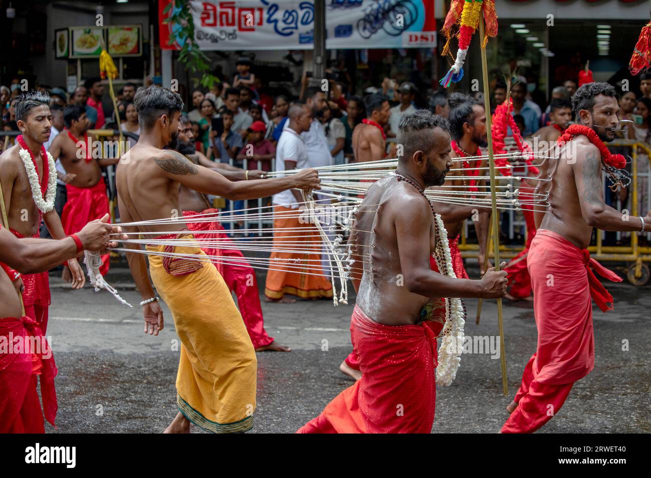 Kavadi Dancers(Hindu) with numerous hook body piercings perform along a street of Kandy in Sri Lanka during the Day Perahera. Stock Photo