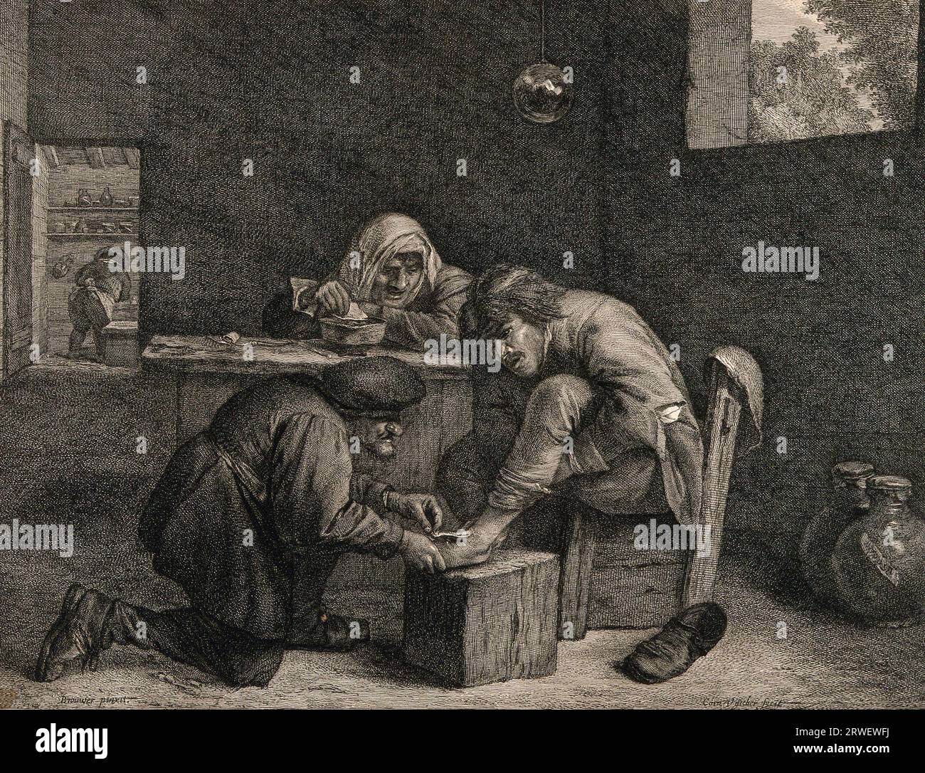 A surgeon treats the foot of a male patient, Wounds and injuries, Surgical instruments and equipment, Treatment in the 17th, century, Netherlands, Historic, digitally restored reproduction from a 19th century original Stock Photo