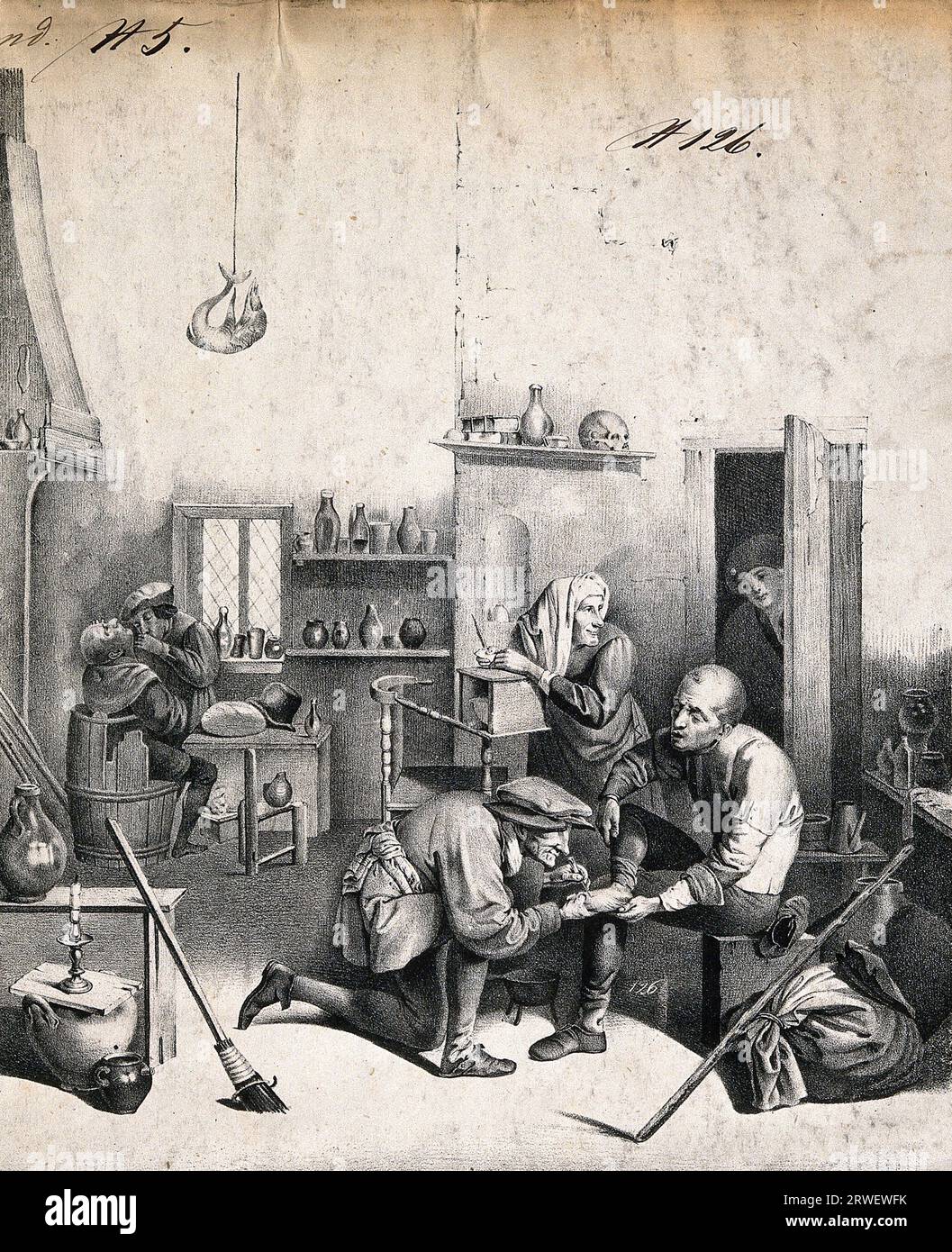 A surgeon treats a patient's foot, in the background another surgeon examines a patient in a surgery, Surgical instruments and apparatus, Medical bottles, 17th century treatment, Netherlands, Historic, digitally restored reproduction from a 19th century original Stock Photo