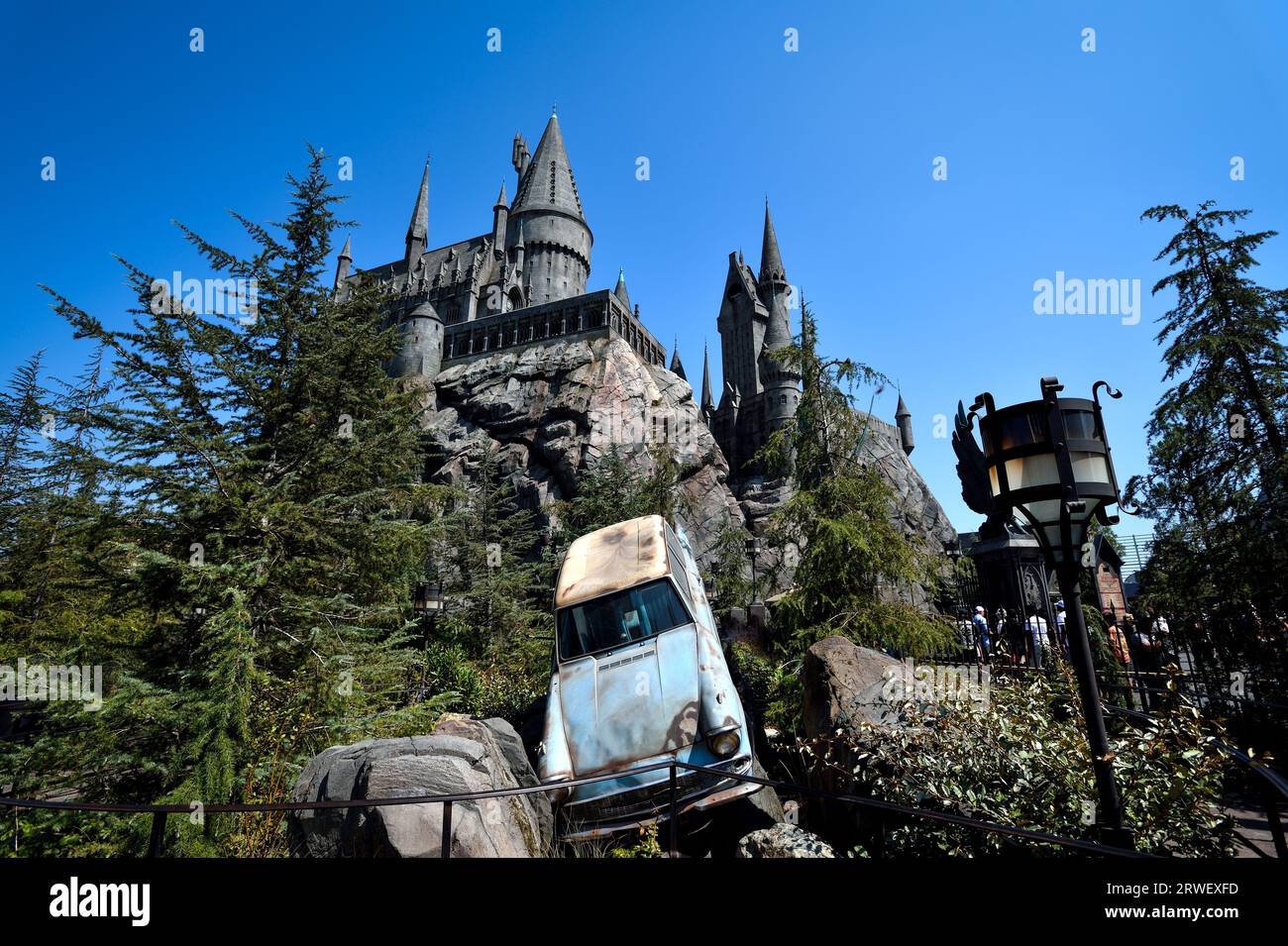 Hogwarts Castle replica at the Wizarding World of Harry Potter area in Universal Studios Hollywood - Los Angeles, California Stock Photo
