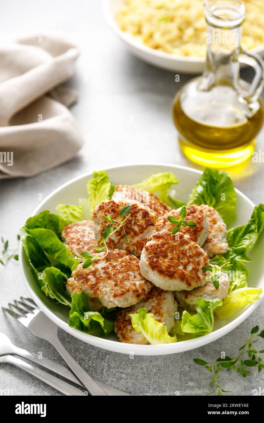 Chicken patties, cutlets with fresh salad Stock Photo
