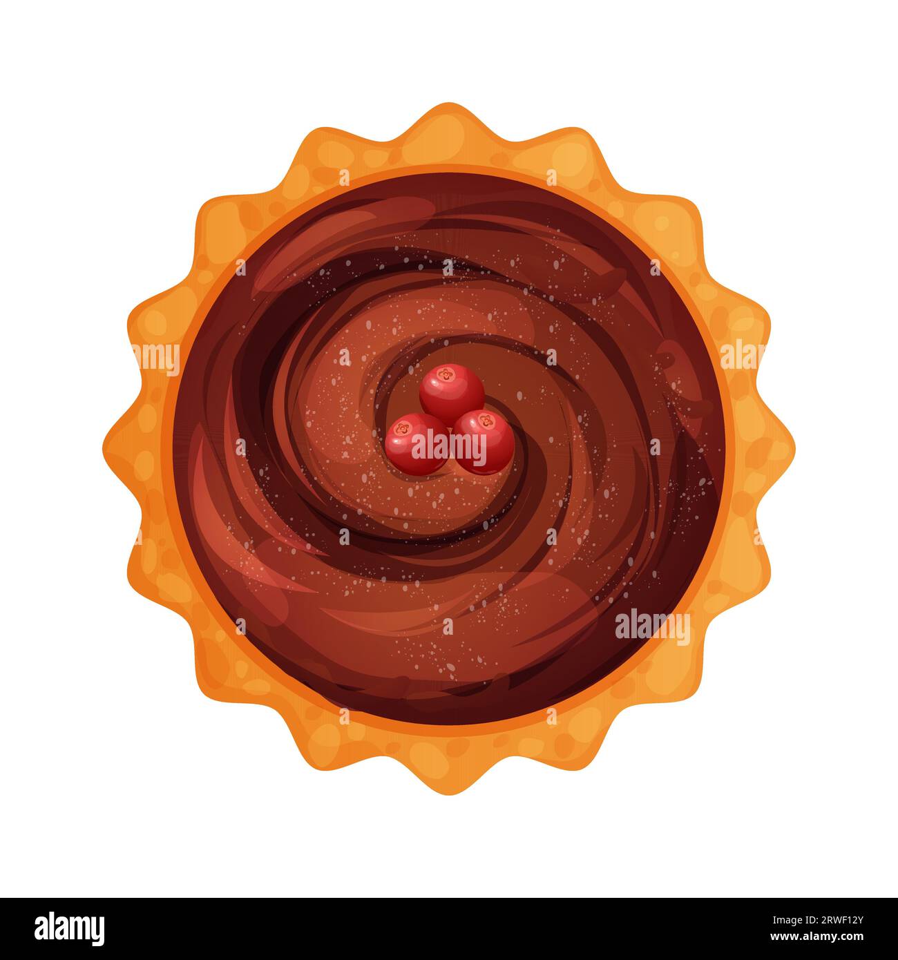 Homemde pie, tart top view whole with chocolate cream an cranberry round bakery, dessert top view in cartoon style isolated on white background. Vector illustration Stock Vector