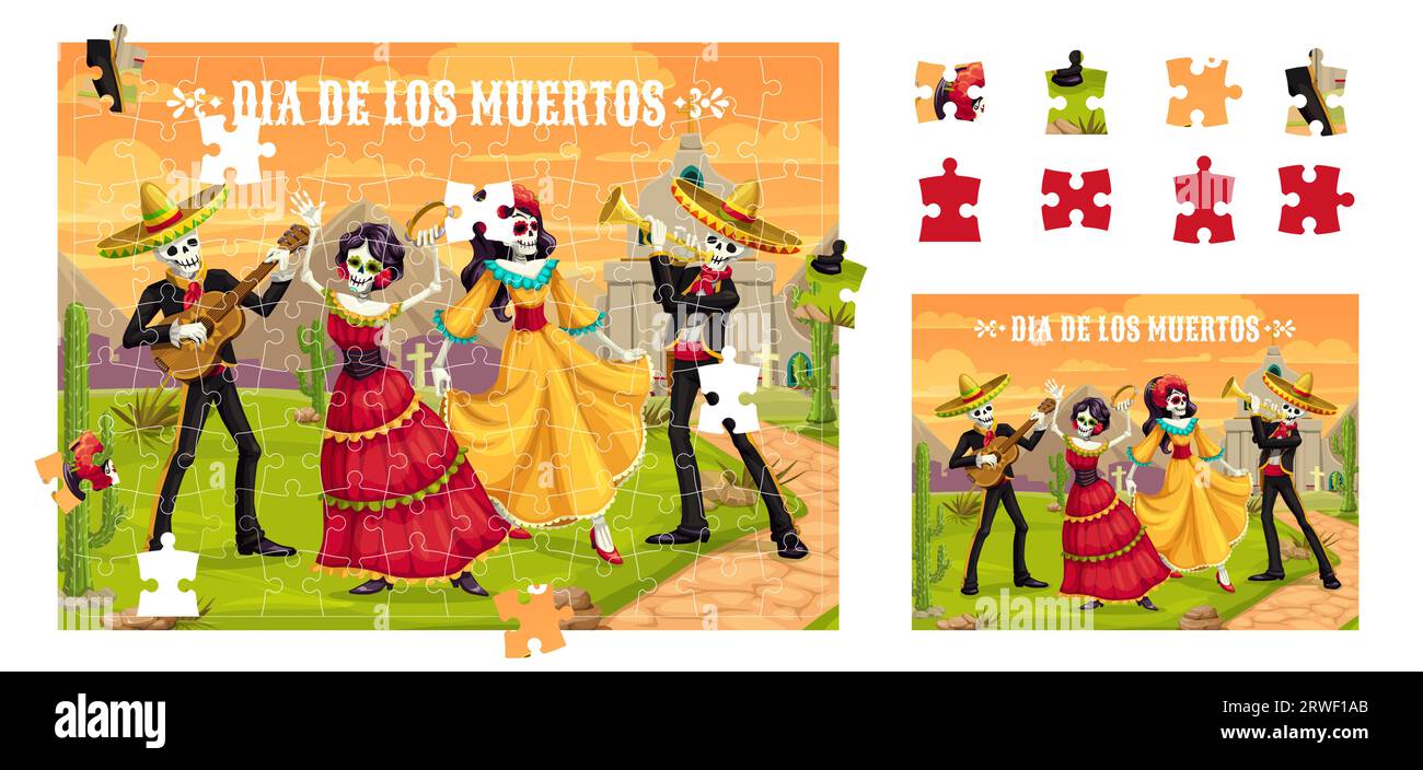 Jigsaw puzzle game pieces, Dia De Los Muertos or Day of Dead Mexican holiday vector characters. Mariachi musician skeletons in sombrero with Catrina calavera for jigsaw puzzle game to collect picture Stock Vector
