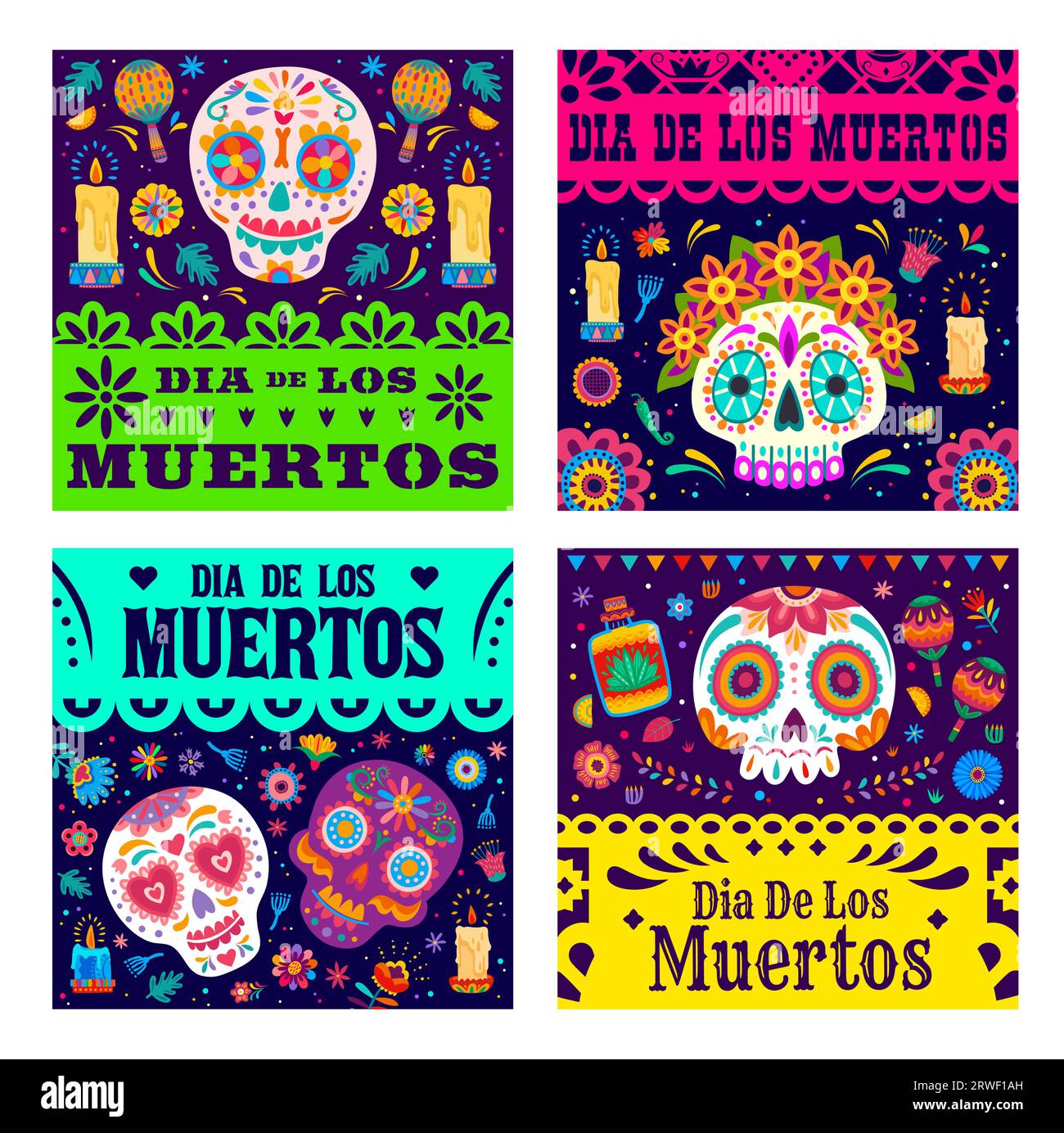 Dia de Los Muertos banners with Mexican papel picado or paper cut flags, vector holiday background. Day of Dead or Dia de Los Muertos holiday banners with Mexican calavera skull and floral ornament Stock Vector
