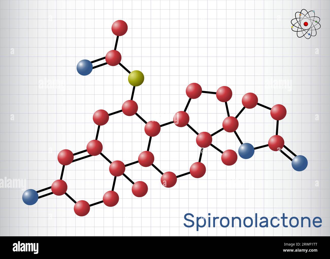 Spironolactone molecule. It is aldosterone receptor antagonist used for the treatment of hypertension, hyperaldosteronism, edema. Structural chemical Stock Vector