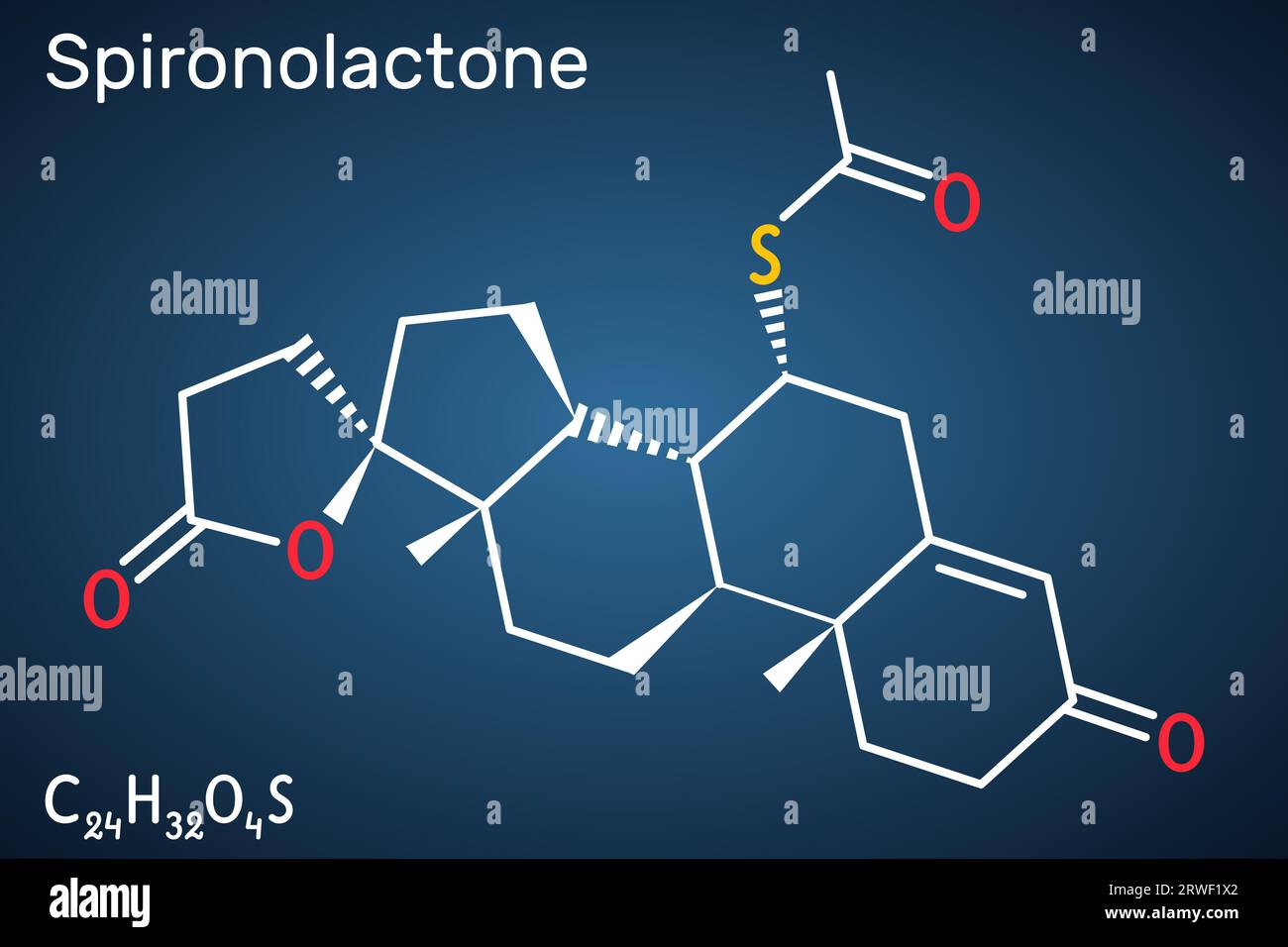 Spironolactone molecule. It is aldosterone receptor antagonist used for the treatment of hypertension, hyperaldosteronism, edema. Structural chemical Stock Vector