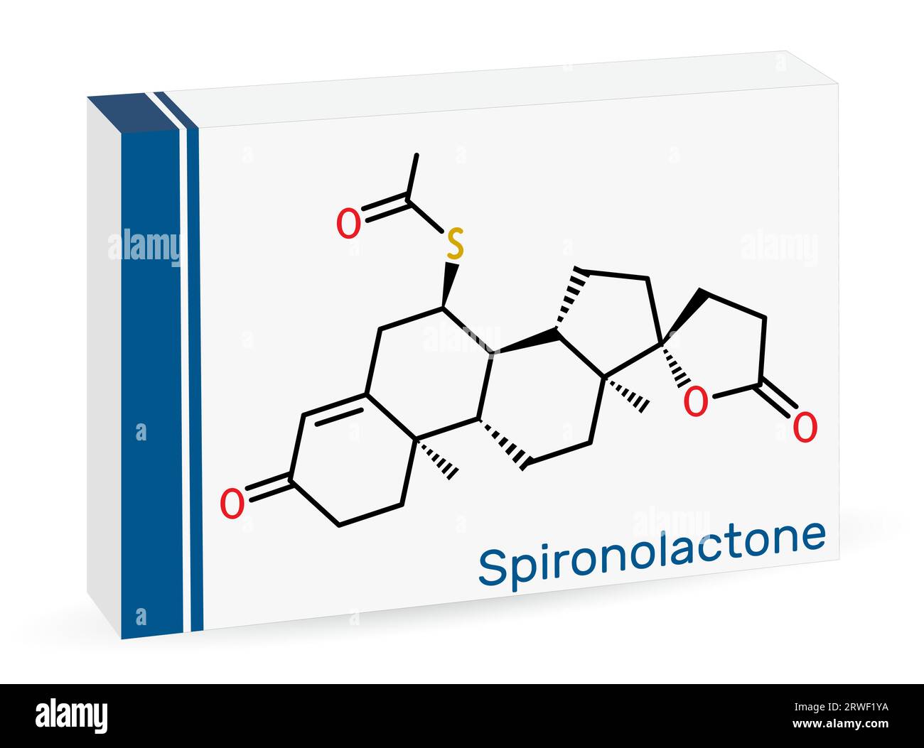Spironolactone molecule. It is aldosterone receptor antagonist used for the treatment of hypertension, hyperaldosteronism, edema. Skeletal chemical fo Stock Vector