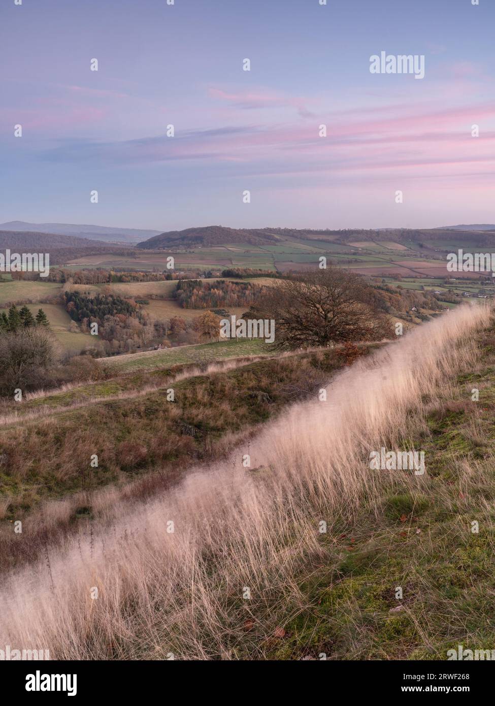 A sunset view from the Iron Age Hill Fort on Burrow Hill near Hopesay ...