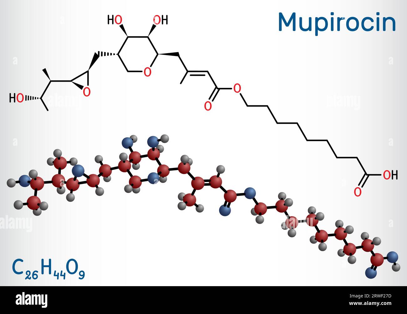 Mupirocin molecule. It is antibacterial ointment used to treat impetigo and skin infections. Structural chemical formula, molecule model. Vector illus Stock Vector