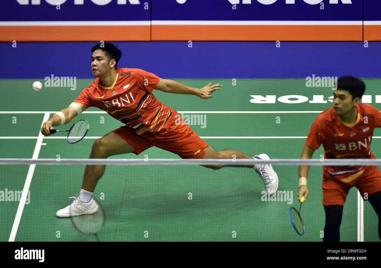 Indonesian badminton players Leo Rolly Carnando, Daniel Marthin defeat Taiwanese badminton players Lee Yang, Wang Chi-lin with 2-1 at the mens double Stock Photo