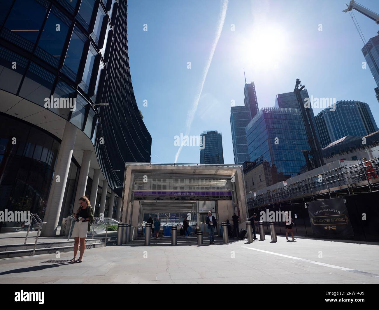 Liverpool street Station Elizabeth Line entrance, London UK, with 100