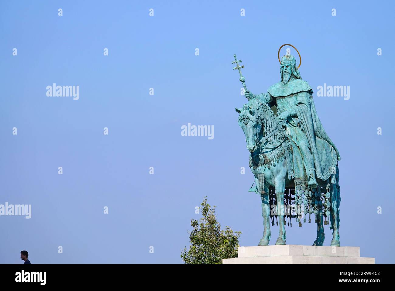 The Statue of Saint Stephen (Stephen I, first king of Hungary), in the southern court of the Fisherman's Bastion in Budapest. It was made by sculpture Stock Photo