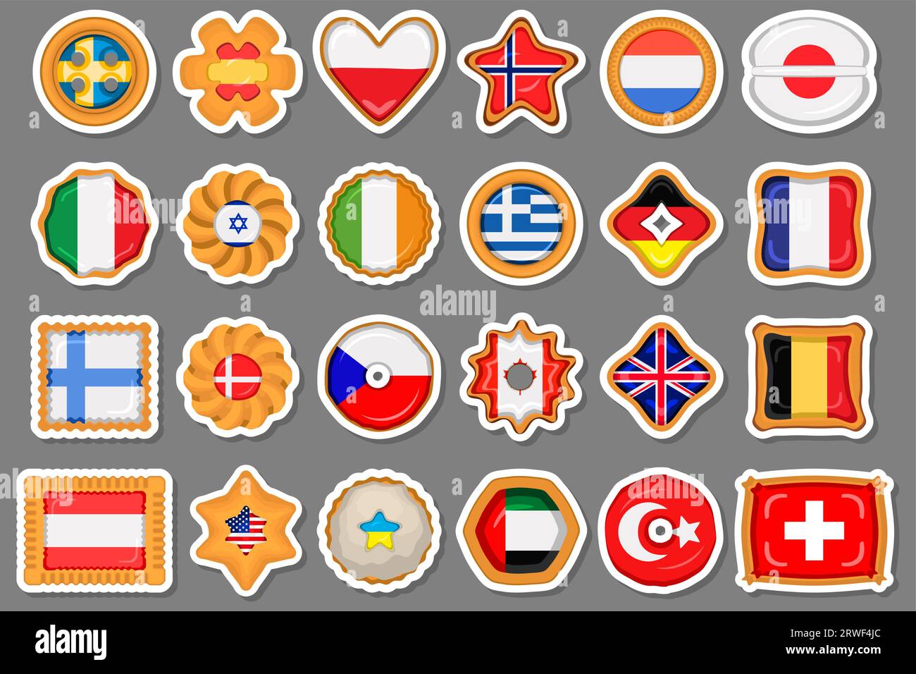 Set homemade cookie with flag country world in tasty biscuit, cookie consist of sign flag country world on natural biscuit, fresh biscuit cookie with Stock Vector