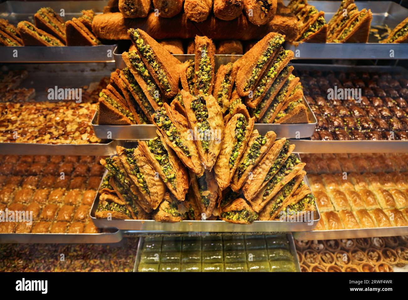 Turkish cuisine at Grand Bazaar in Istanbul. Baklava sweets. Stock Photo