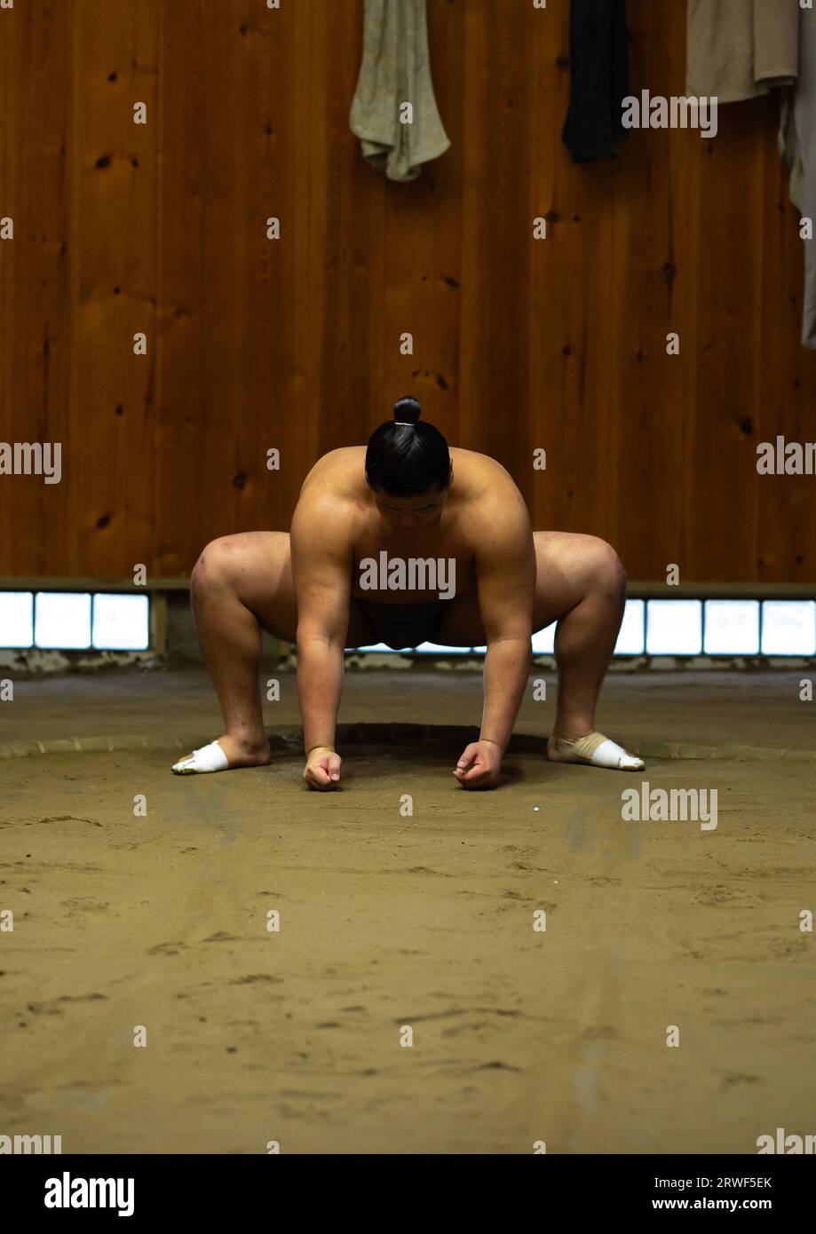 Sumo wrestler training in Tatsunami Beya sumo stable, Kanto region ...