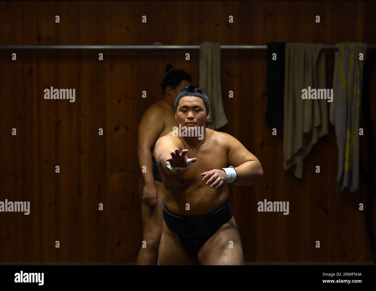 Sumo wrestler training in Tatsunami Beya sumo stable, Kanto region, Tokyo, Japan Stock Photo