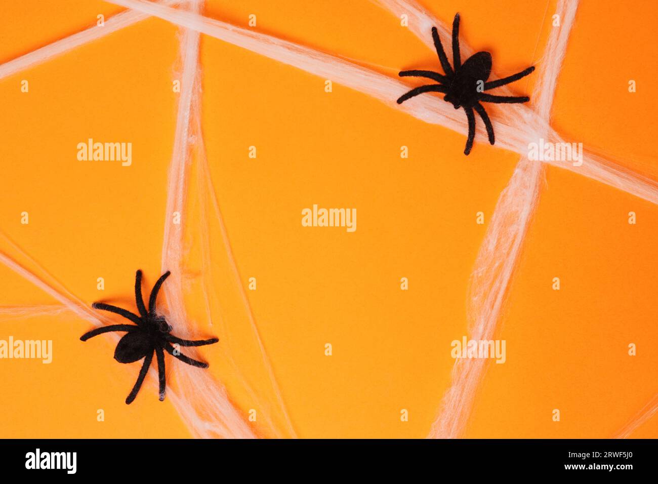 Halloween orange background with black spiders, copy space. Happy ...
