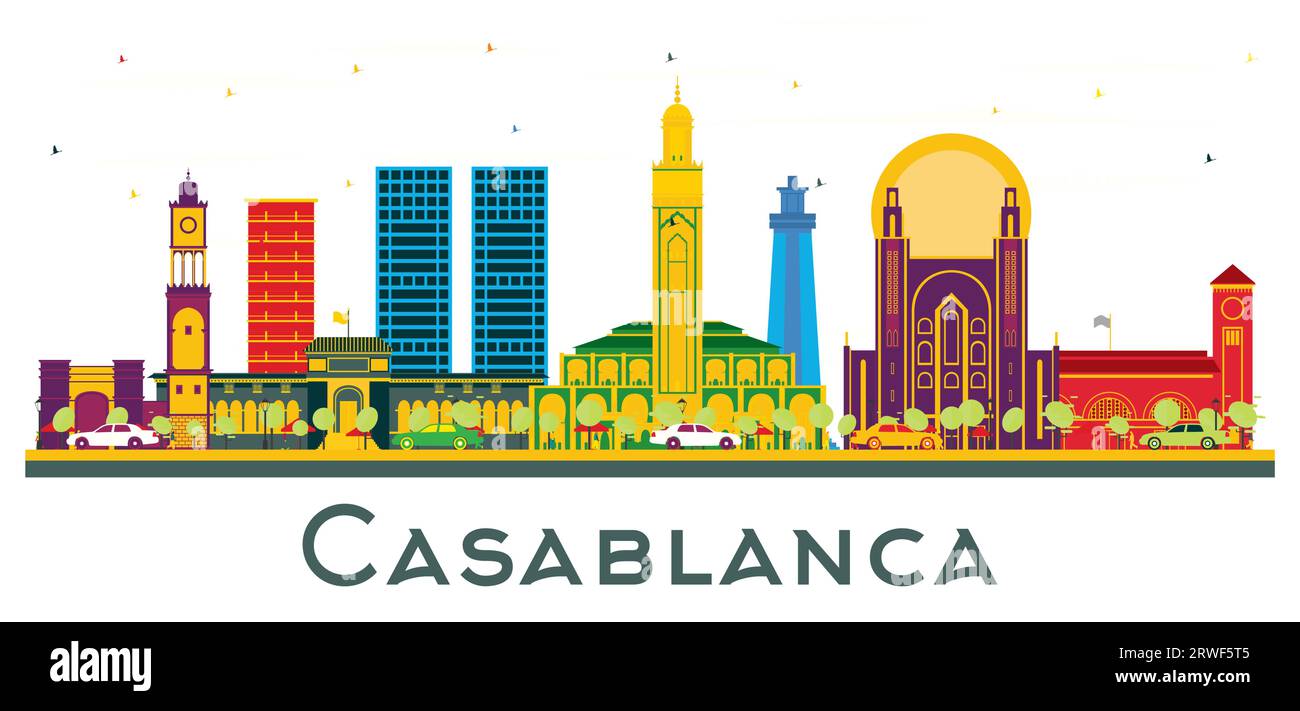 Casablanca Morocco City Skyline with Color Buildings isolated on white. Vector Illustration. Stock Vector