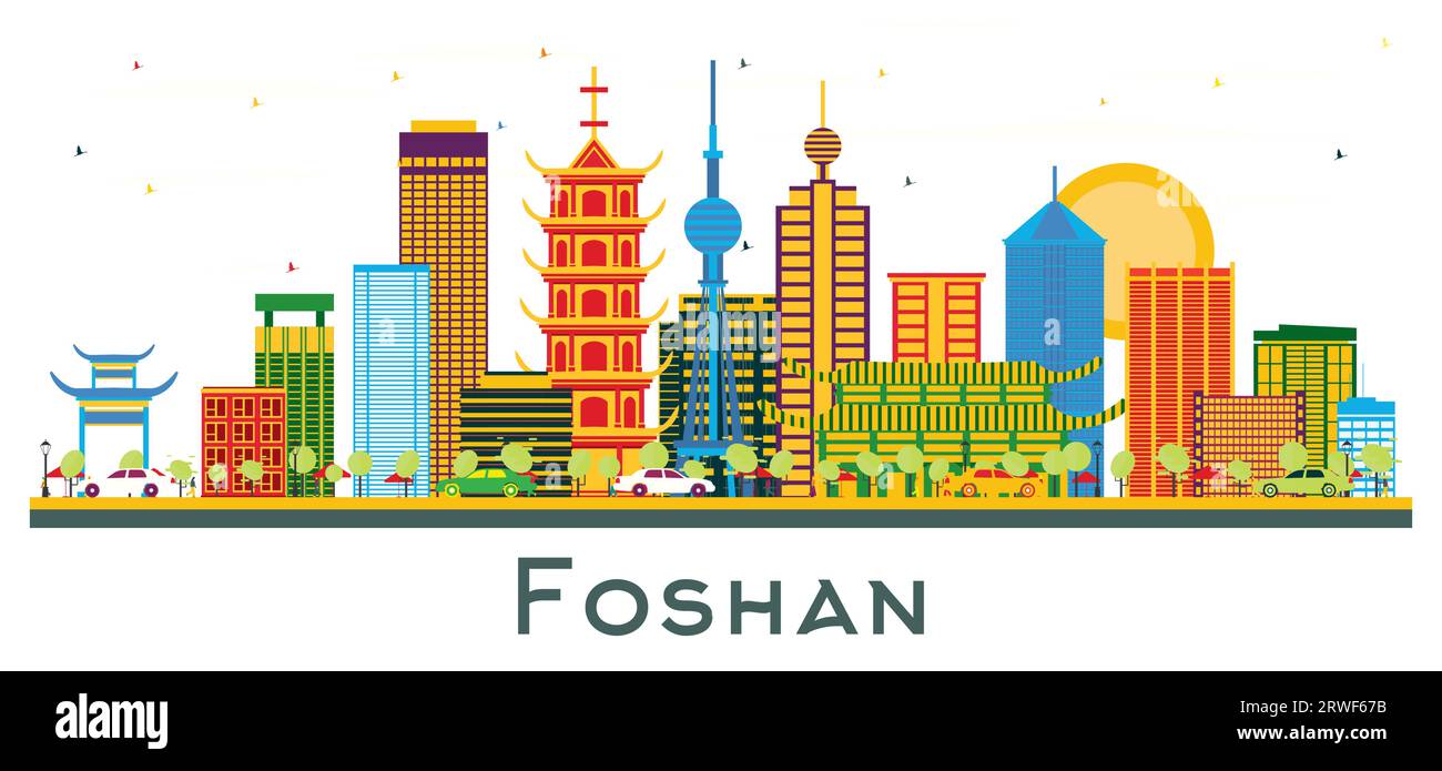 Foshan China city Skyline with Color Buildings isolated on white