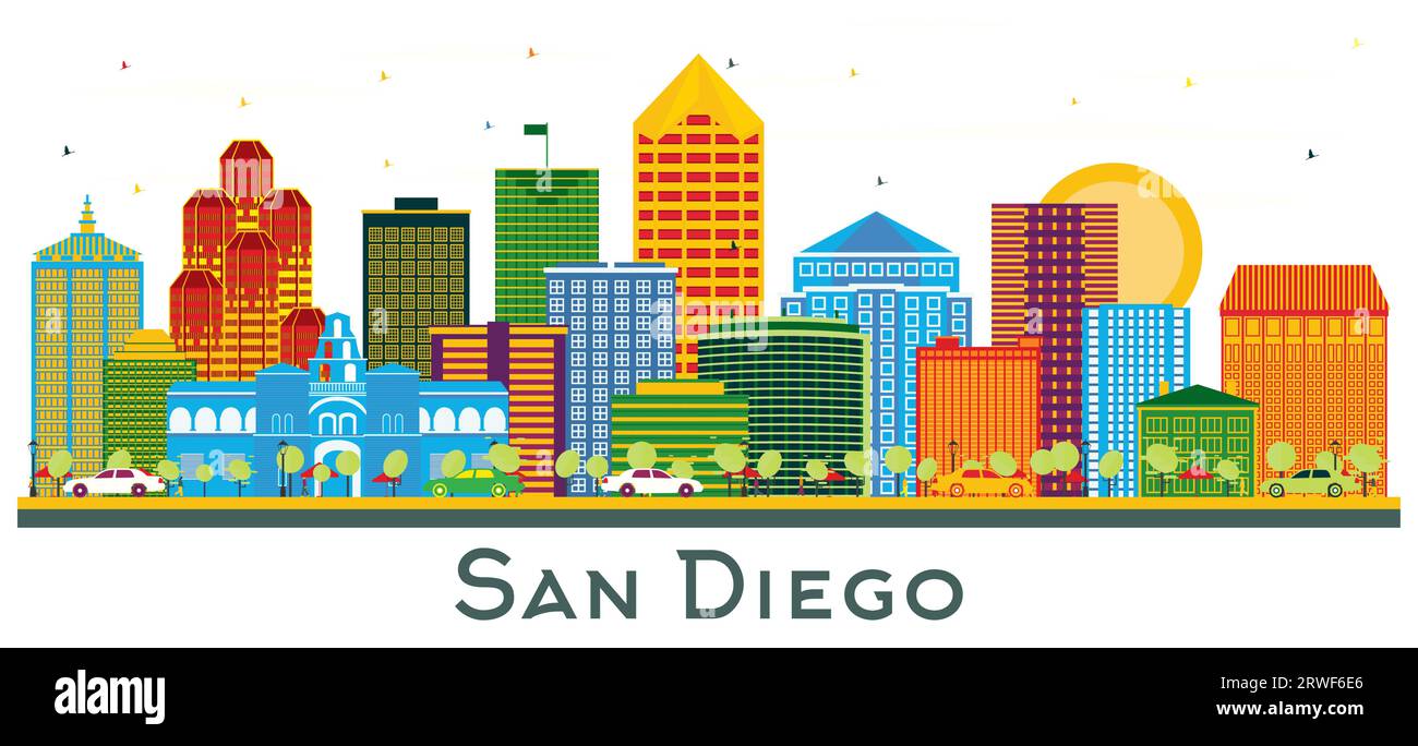 San Diego California city Skyline with Color Buildings isolated on white. Vector Illustration. Business Travel and Tourism Concept with Modern Archite Stock Vector