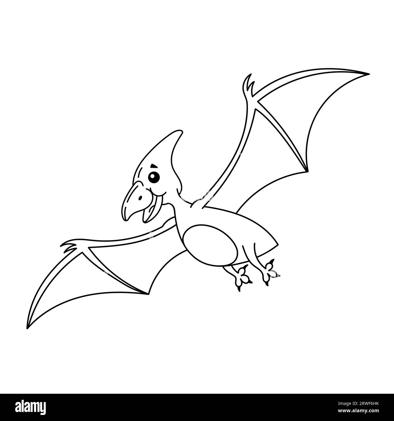 Black and white Pterodactyl dino flying among the clouds to nest with eggs.  Summer scene outline illustration with cute dinosaur. Funny prehistoric  reptiles coloring page for children. Stock Vector