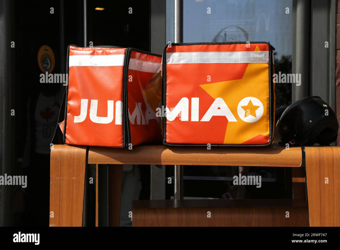 MARRAKECH, MOROCCO FEBRUARY 21, 2022 Jumia food delivery bags in Marrakech, Morocco. Jumia is