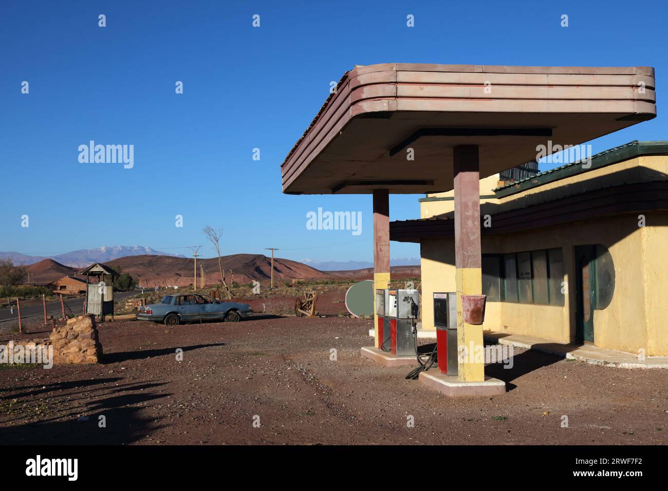 Abandoned American gas station in Morocco. Former movie shoot location